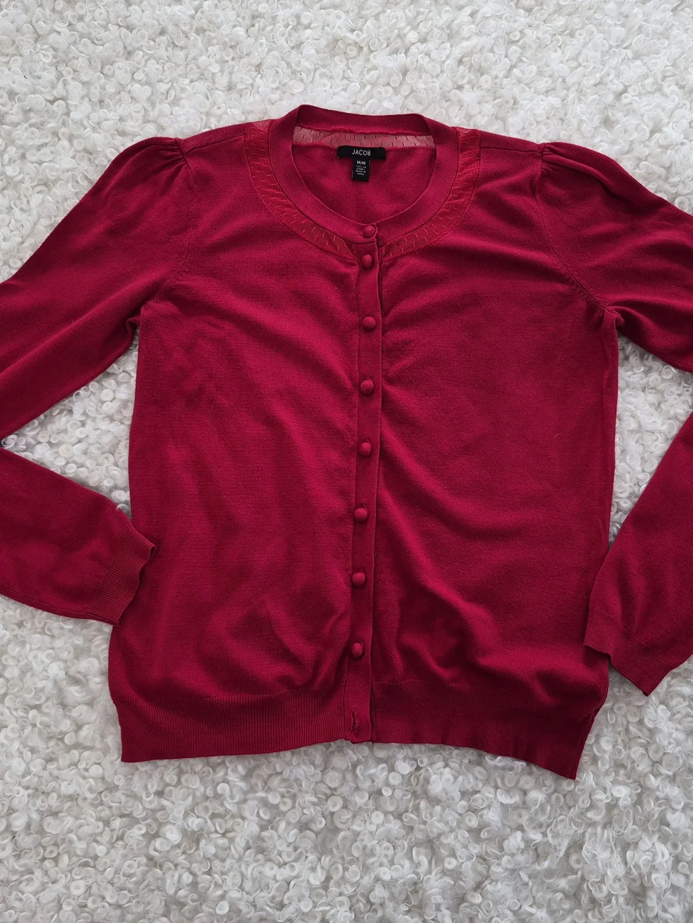 JACOB Red Cardigan M Sheer Trim Soft Girl Chic Model Off Duty Y2K Aesthetic - Picture 3 of 8